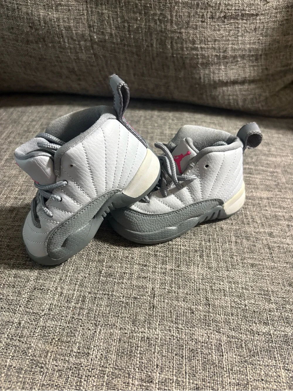 Air Jordan 12s Kids Grey and Pink Hardbottom Sneakers